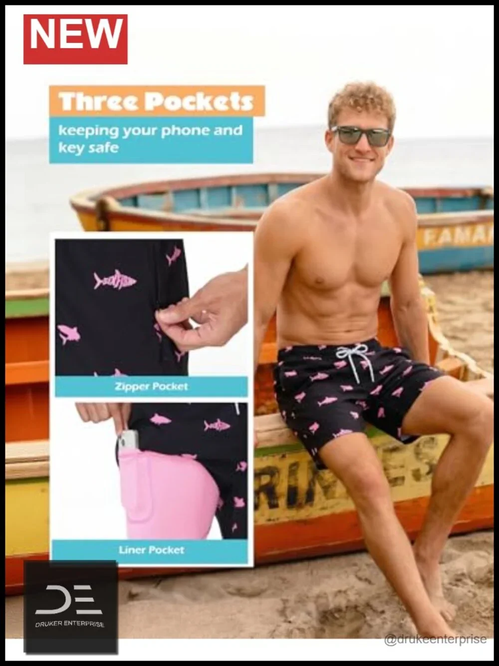 Men's 5-Inch Board Shorts with Compression Liner, Zipper Pockets, Quick Dry